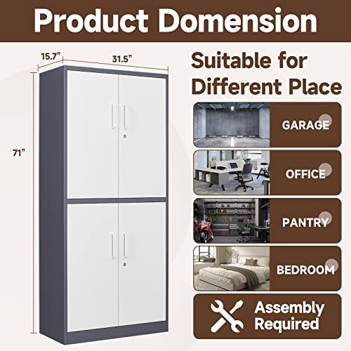 Metal Garage Cabinets, 72" Tall Locking Storage Cabinets with 2 Doors and 5 Adjustable Shelves, Steel Utility Tool Cabinet, Black Lockable Outdoor Storage Cabinet for Pantry, Garage, Home Office