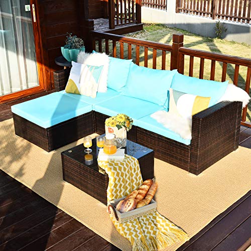 Tangkula 5 Piece Outdoor Patio Furniture Set, Sturdy Frame and Weight Capacity Up to 360 Pound, Wicker Sectional Sofa Set with Glass Top Coffee Table, Porch Garden Poolside Furniture for 4 (Turquoise)