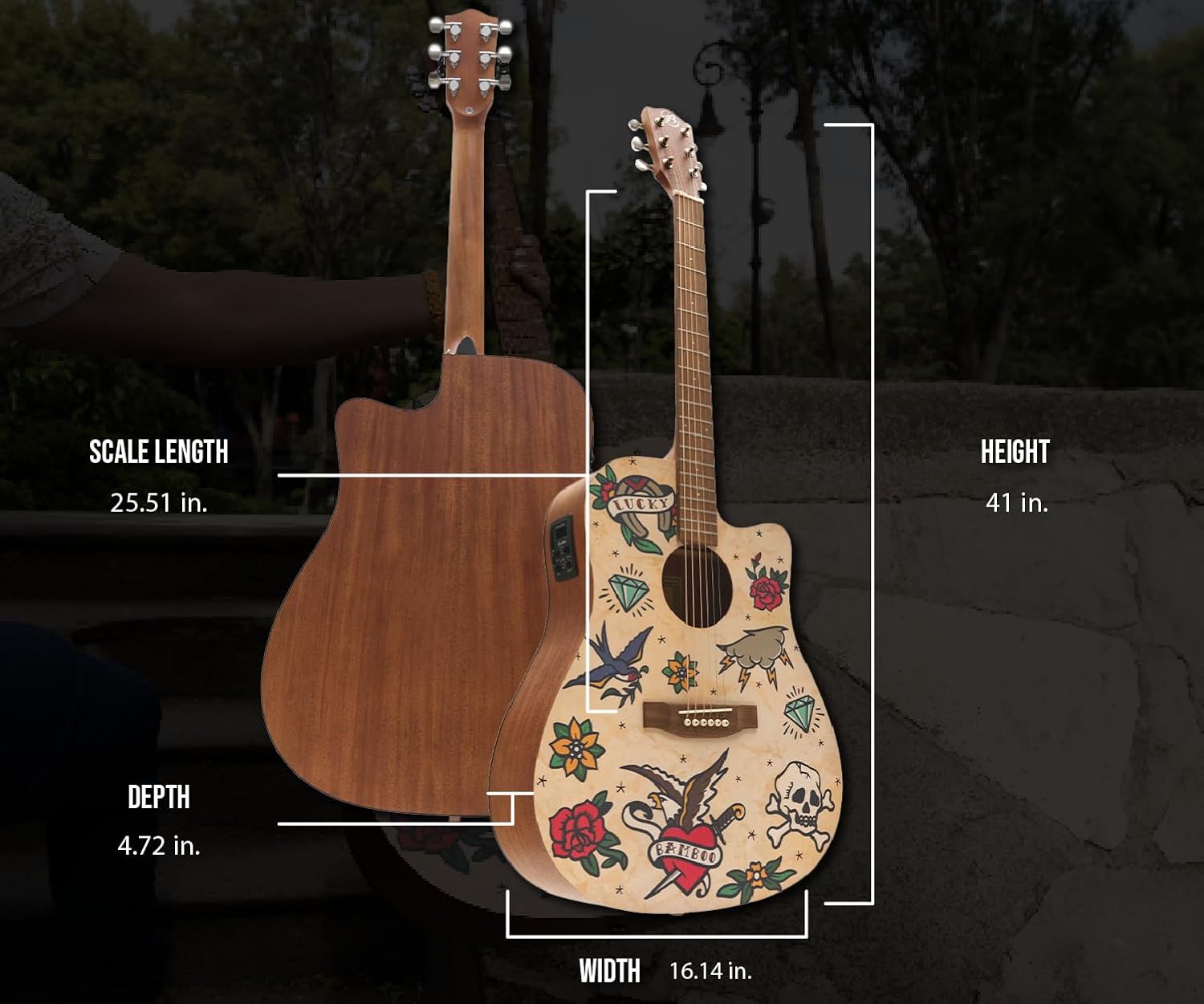 Bamboo 41" Acoustic Electric Guitar. Beginner for Adults and Teens with Gig Bag, Pick, Tuner, Strings, Capo, Strap and Truss Rod Key. Design Old School model.
