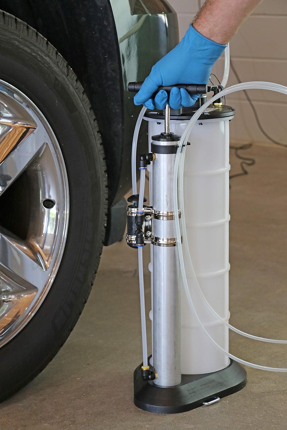 Mityvac 7201 Manual Fluid Evacuator Plus with 2.3 Gallon Reservoir; Evacuates or Dispenses Fluids with Push Button; Evacuate Through The Dipstick Tube