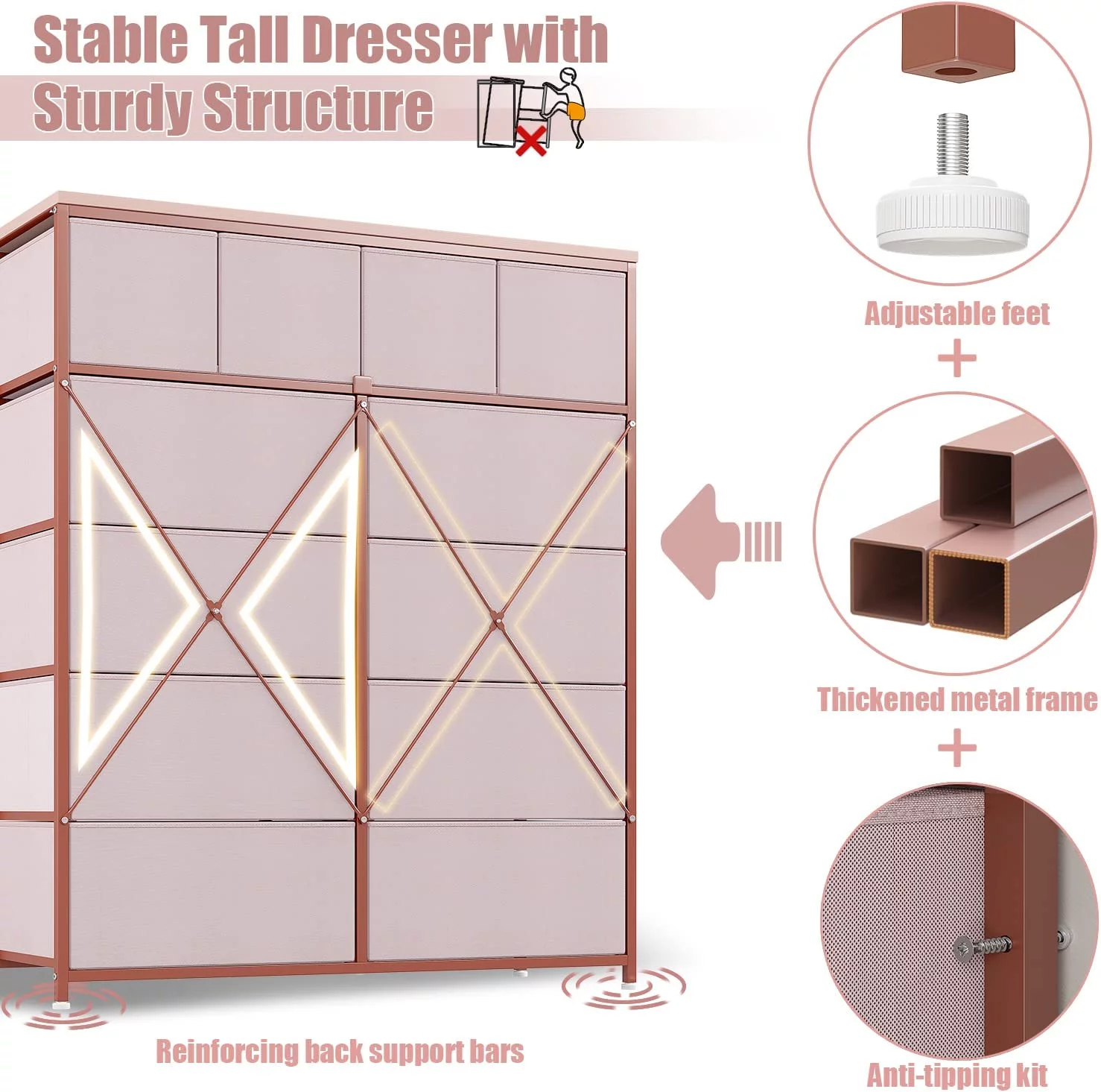Pink Dresser for Girls Bedroom with 12 Drawers Girls Dressers for Bedroom Pink Chest of Drawers with Wood Top, Metal Frame, Tall Dressers for Bedroom, Closet, Nursery, Living Room Pink