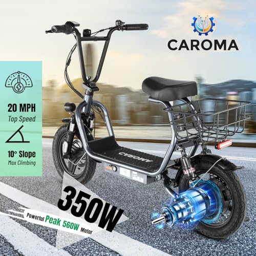 Caroma Peak 500W/800W/1200W Electric Scooter with Seat, Max 15/20/30Miles Range&20MPH, 14" Tires Foldable Adult Electric Scooter with Basket for Pets & Cargo, Dual Shock Absorbing Ebike for Commuting
