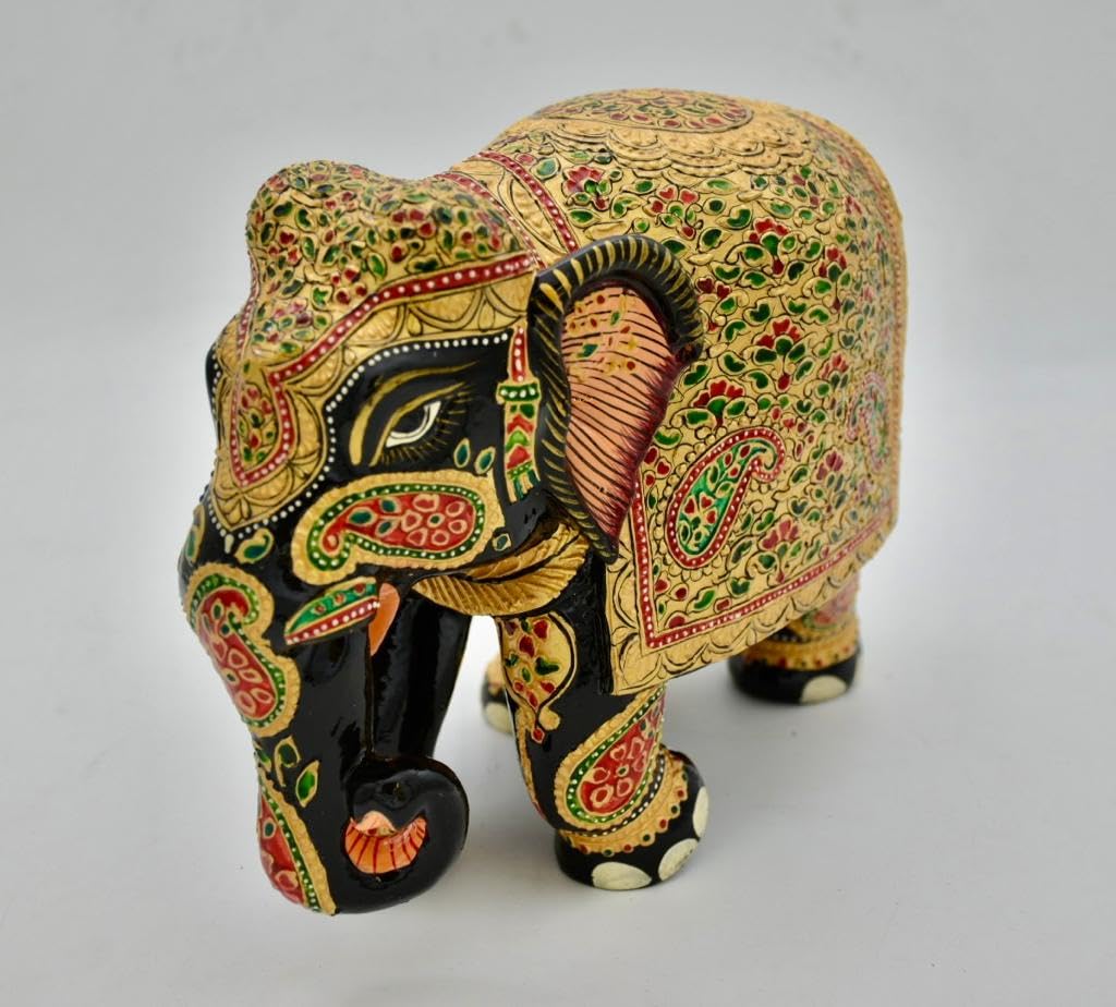 Elephant Statue 8 Inch handmade wooden Trunk Up real gold foil work Art
