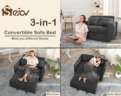 Sleeper Sofa, 3-in-1 Convertible Pull Out Couch Bed Futon Sofa, Linen Fabric Loveseat with 2 Pillows Adjustable Backrest, Chaise Lounge for Small Spaces Apartment Dorm, Sky Blue