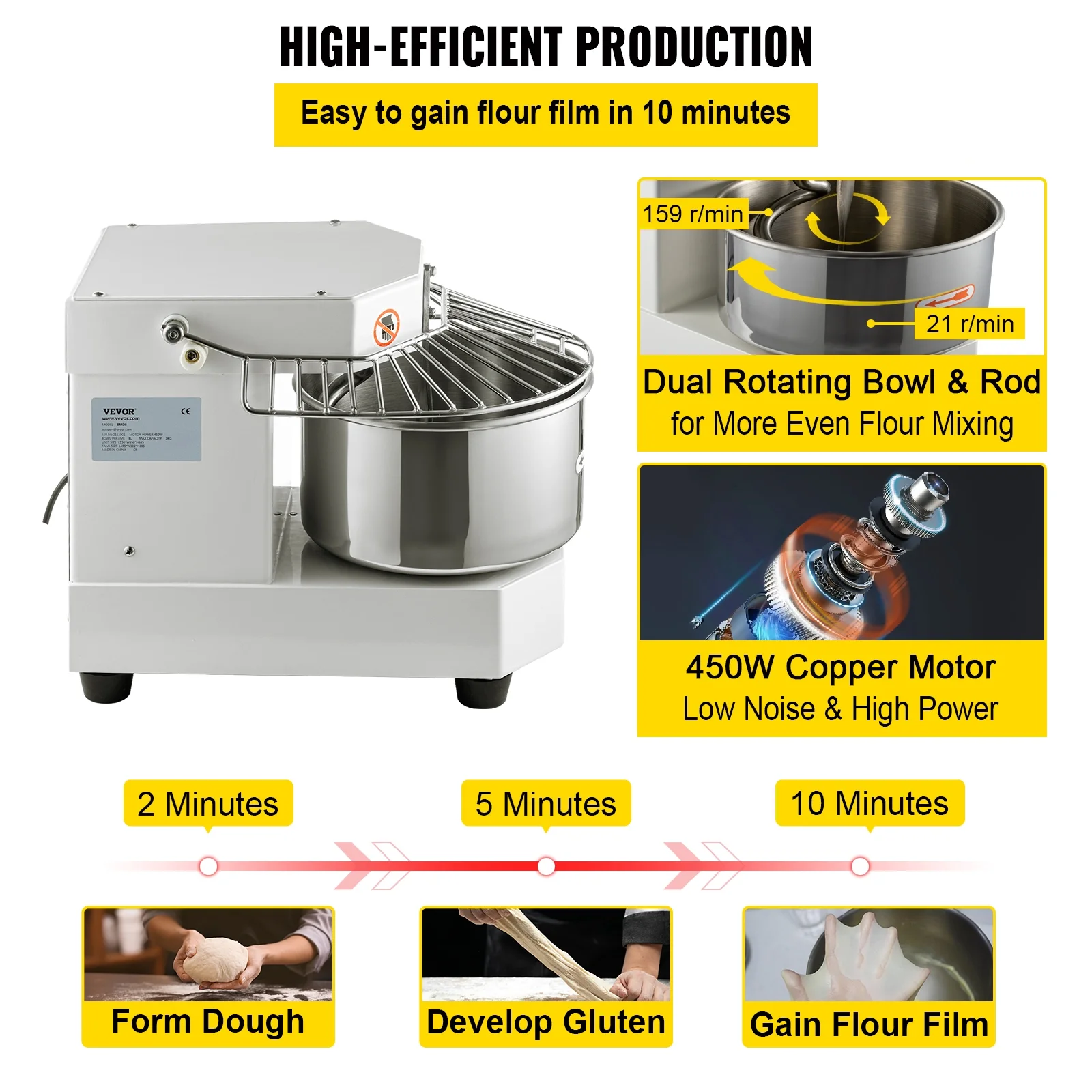VEVORbrand Commercial Food Mixer, 7.3Qt Capacity, 450W Dual Rotating Dough Kneading Machine with Food-grade Stainless Steel Bowl, Security Shield & Timer Included, Baking Equipment