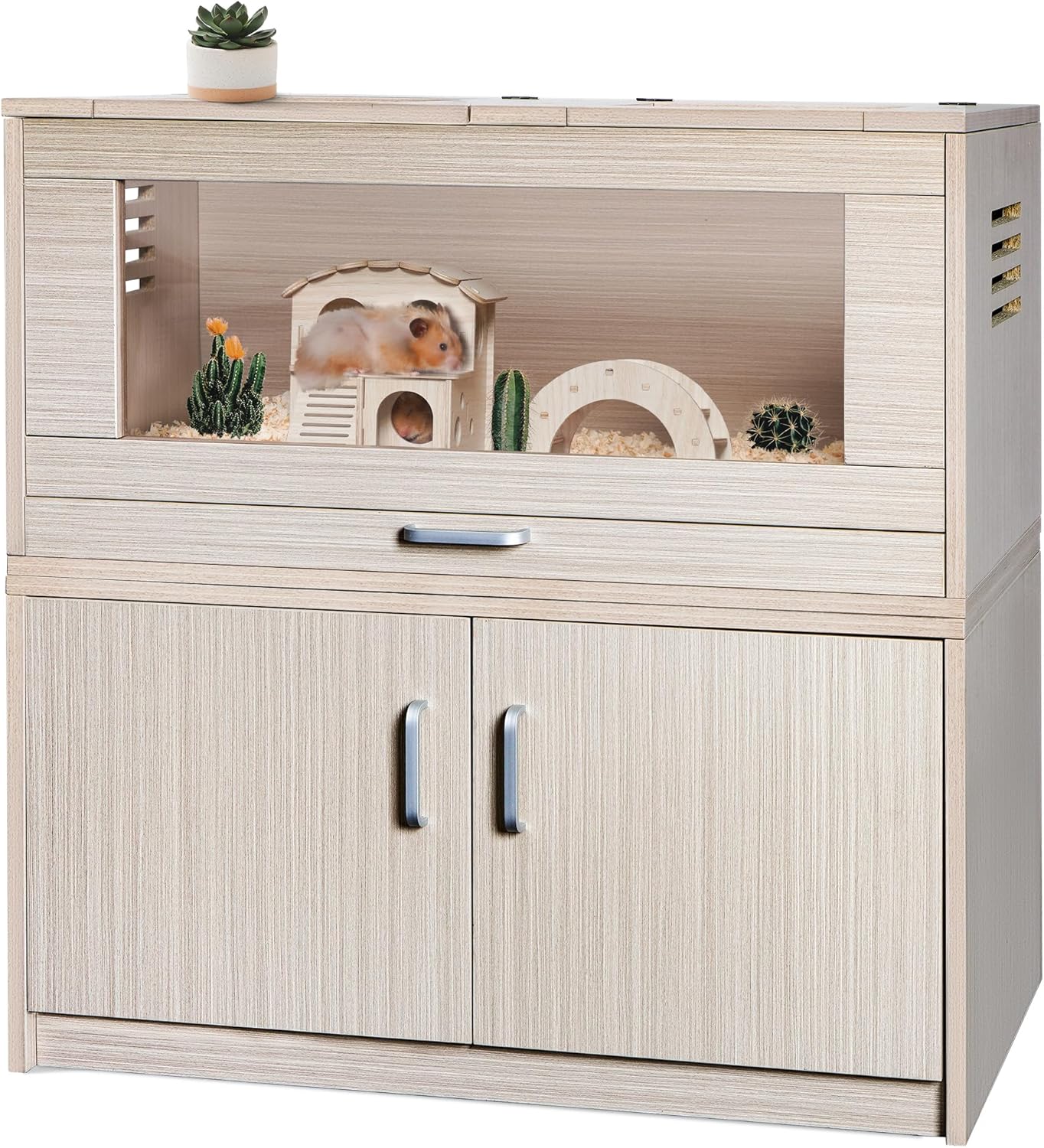 Guinea Pig Cages, Hamster Cage Wood with Independent Storage Cabinet, House for Rat Chinchilla with Guinea Pig Hutch and Bridge, Openable Top with Acrylic Sheets
