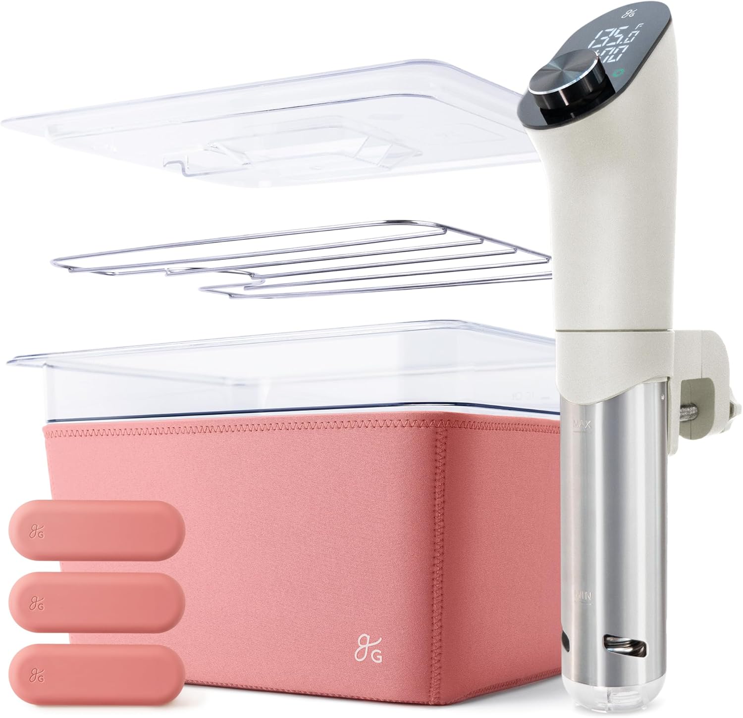 Greater Goods Holiday Sous Vide Bundle with Sous Vide Cooker, Container, and Silicone Weights, Designed in St. Louis. Birch White/Pink.