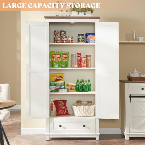AMERLIFE 72" Tall Kitchen Pantry Storage Cabinet, Farmhouse Food Pantry Cabinet for Kitchen, Dining Room, Living Room, Adjustable Shelves and Drawer, White
