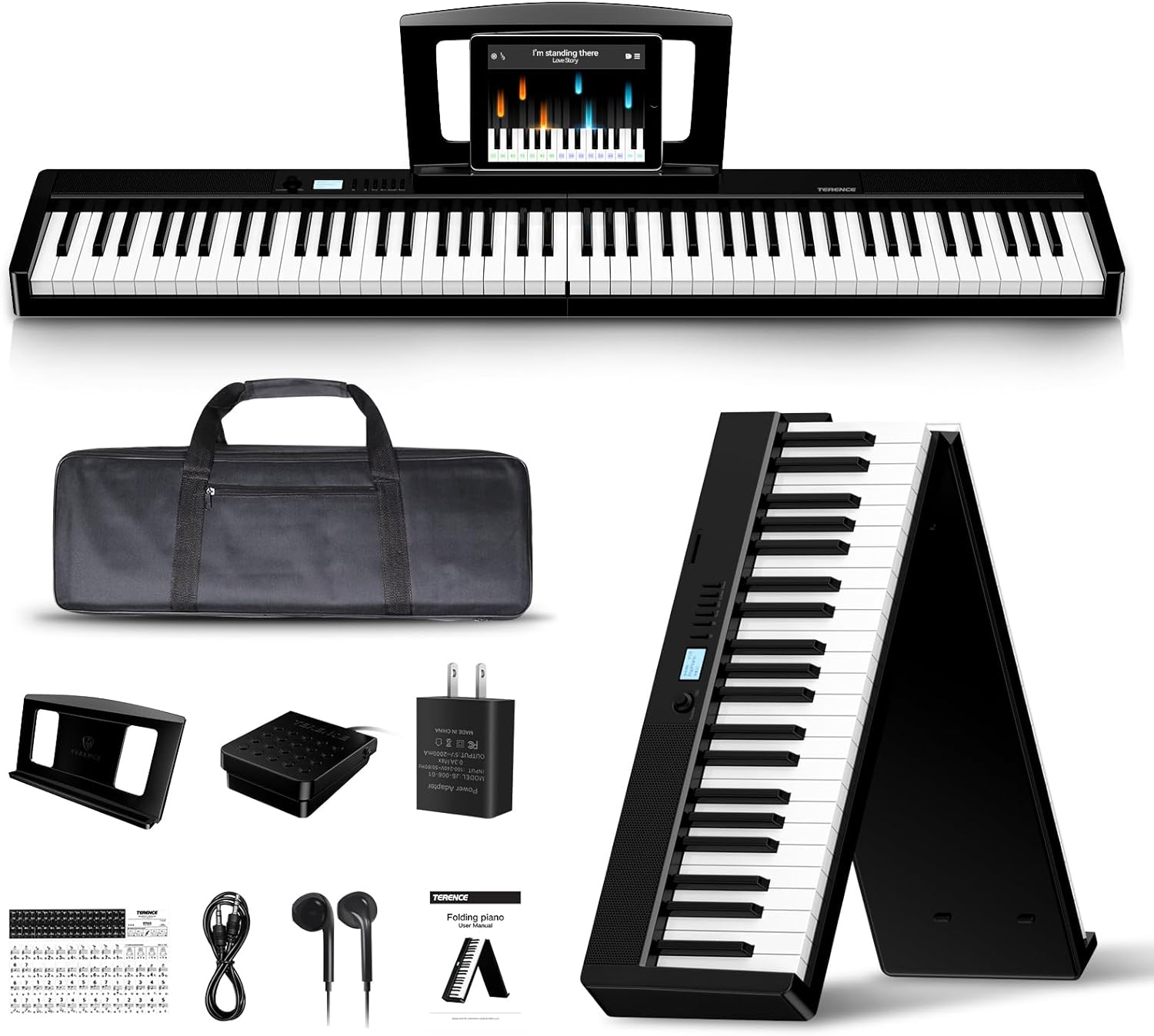 TERENCE Piano Keyboard, 88 Key Full Size Weighted Folding Piano Keyboard, Digital Keyboard Piano with 2X5W Speakers, Music Stand, Keyboard Stickers, Earphones and Sustain Pedal