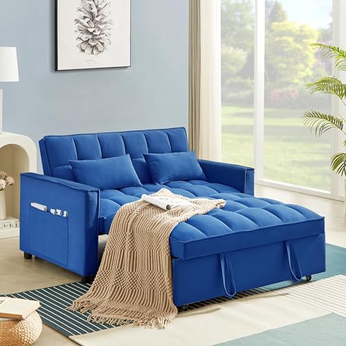 3 in 1 Convertible Sleeper Sofa Bed,Futon Loveseat Couch with Pull-Out Bed & Adjustable Backrest,Velvet Fabric Sofa with Side Pocket for Small Apartment, Living Room, Office (Black)