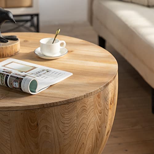 31.50" Round Drum Coffee Table - Round Wood Coffee Table with Bucket Shaped and Vintage Style, Unique Coffee Table with Storage Function, Circular Coffee Tables for Living Room (Brown)