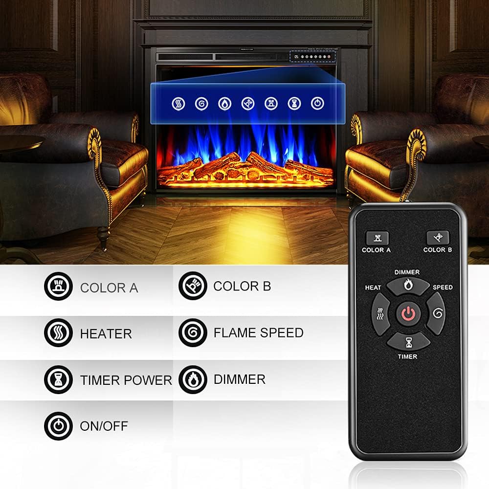 Electric Fireplace Insert 37", Rintuf Electric Heater Recessed or Free-standing, Adjustable Flame Colors and Speed, Touch Screen, Remote Control with Timer, 750-1500W with Colorful Flame Option, Black