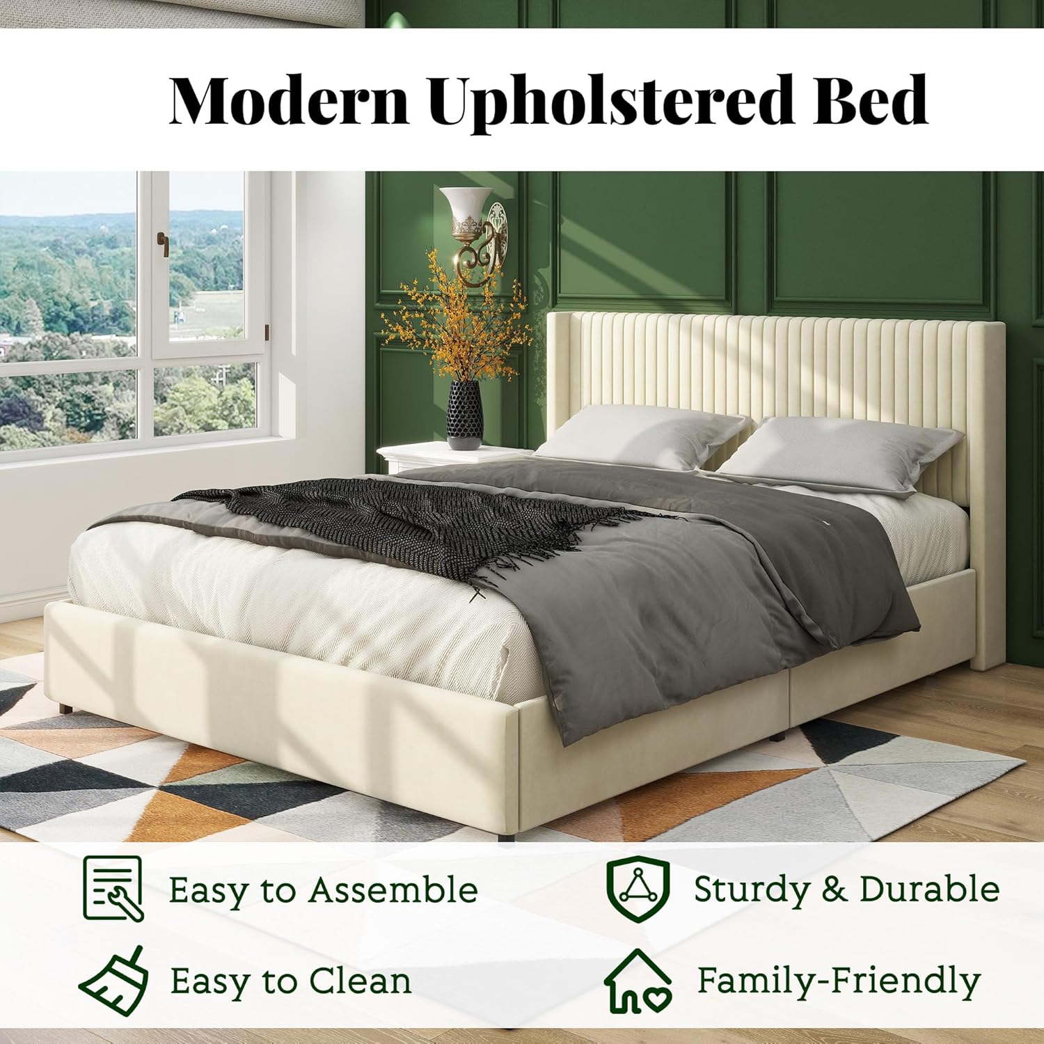 Dolonm Queen Size Upholstered Bed Frame, Platform Bed with Patented 4 Drawers Storage and Headboard, Button Tufted and Wingback Design, Mattress Foundation with Wooden Slats Support, Ivory Velvet