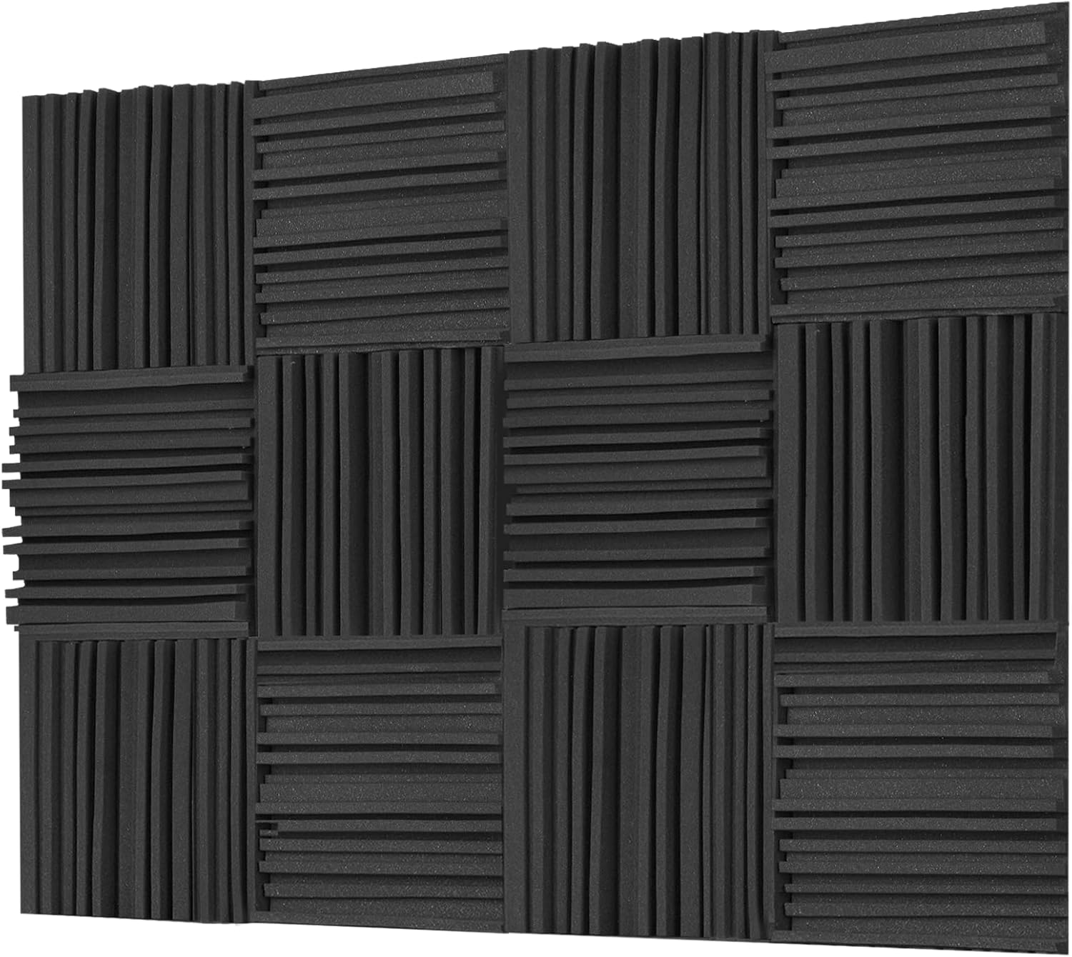 OUKMIC Acoustic Foam Panels, 12 Pack 2" X 12" X 12" Sound Proof Padding, Soundproof Panel, Soundproofing Pads, Noise Reducing Material for Studio Room Wall Door Window Basement Ceiling -Charcoal Black Pack of 2