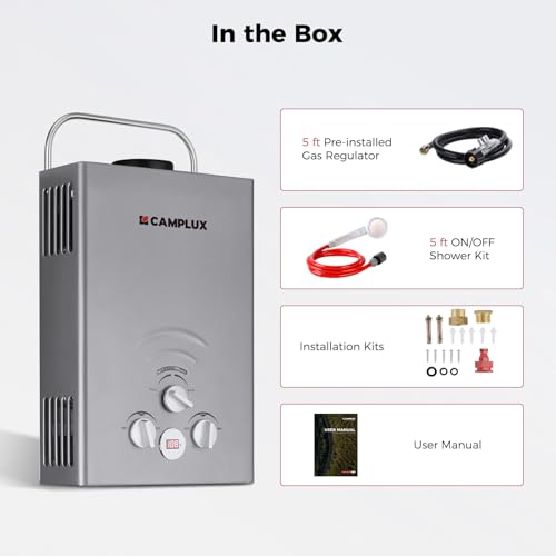 CAMPLUX 2.64 GPM Propane Portable Gas Water Heater, 68,000 BTU Outdoor Tankless Camping Water Heater with Digital Display, White