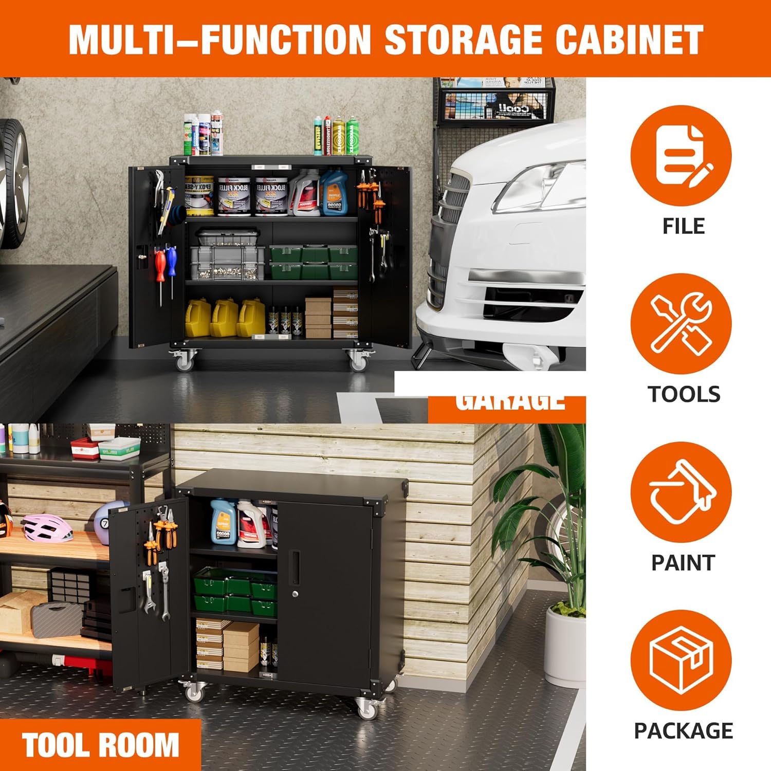 Aobabo Metal Garage Storage Cabinet with Wheels,Steel Storage Cabinet with Pegboard and 4 Hooks for Garage,Home Storage,Assembly Required (Black)