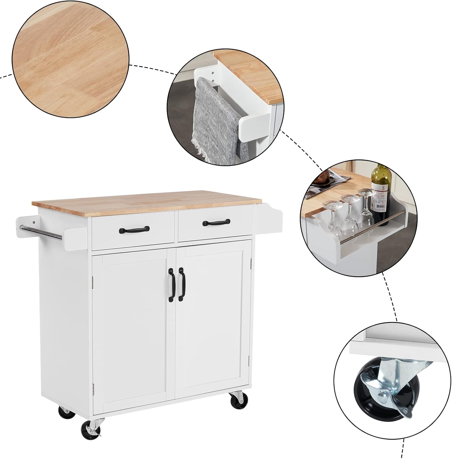 Kitchen Island on Wheels with Storage Cabinet,Rolling Kitchen Cart with Double Doors and Drawers & Spice Rack Towel Bar,Rubber Wood Top,White