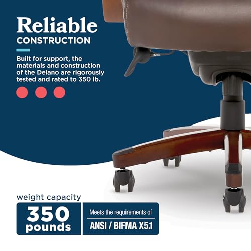 La-Z-Boy Delano Big & Tall Executive Office Chair, Ergonomic Mid-Back Body Pillow Lumbar Support, ComfortCore Memory Foam Cushion, Mahogany Wood Arms & Swivel Base, Bonded Leather, Chestnut Brown