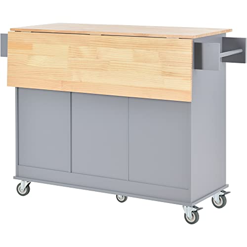 Kitchen Island on Wheels with Storage 52.7" W Rolling Kitchen Island Cart with Cabinet Drop Leaf Breakfast Bar, Solid Wood Top, 3 Drawers, Lockable Wheels, Spice Rack and Towel Rack, Black