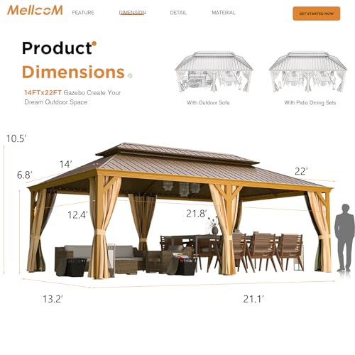 MELLCOM 12'x16' Hardtop Gazebo, Galvanized Steel Metal Double Roof Canopy with Curtains and Netting, Brown Permanent Pavilion Gazebos with Aluminum Frame for Garden, Patio, Lawns, Deck