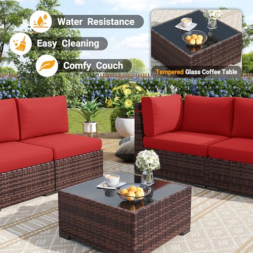 Outdoor Patio Furniture Set with 44" Fire Pit Table 8 Pieces Rattan Patio Sectional Sofa Conversation Set w/55000 BTU Propane Gas Fire Pit, Coffee Table, 2 Waterproof Covers, Grey