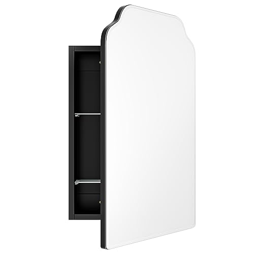 Victorian-Style Recessed Bathroom Medicine Cabinet, Wood Wall Cabinet with 16.5"x24" Curved Mirror, Bathroom Storage Cabinet, Black, Left-Swing Door