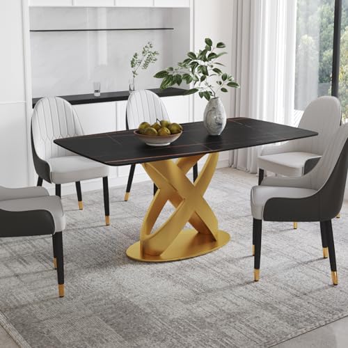 Modern Rectangle Marble Dining Table for 4,63" Black Marble Sintered Stone Top DiningTable,Rectangle Dining Room Table with Unique X-Shape Carbon Steel Pedestal for Kitchen/Living Room(Table Only)