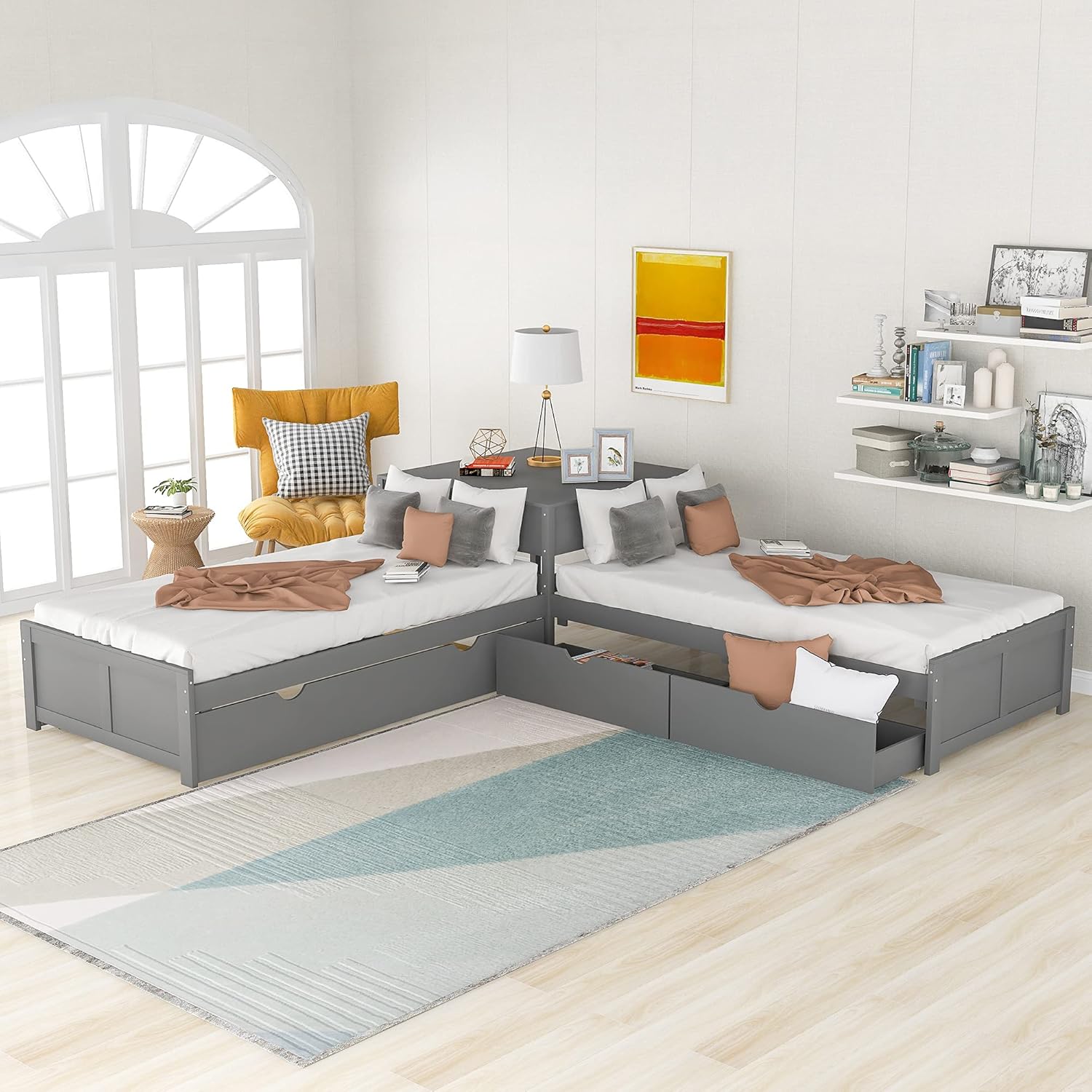 L-Shaped Platform Bed with Trundle and 2 Storage Drawers, Wooden Twin Corner Daybed Frame Linked with Built-in Square Desk, No Noise,for 3 Kids, Teens, Boys, Girls Living Room Bedroom