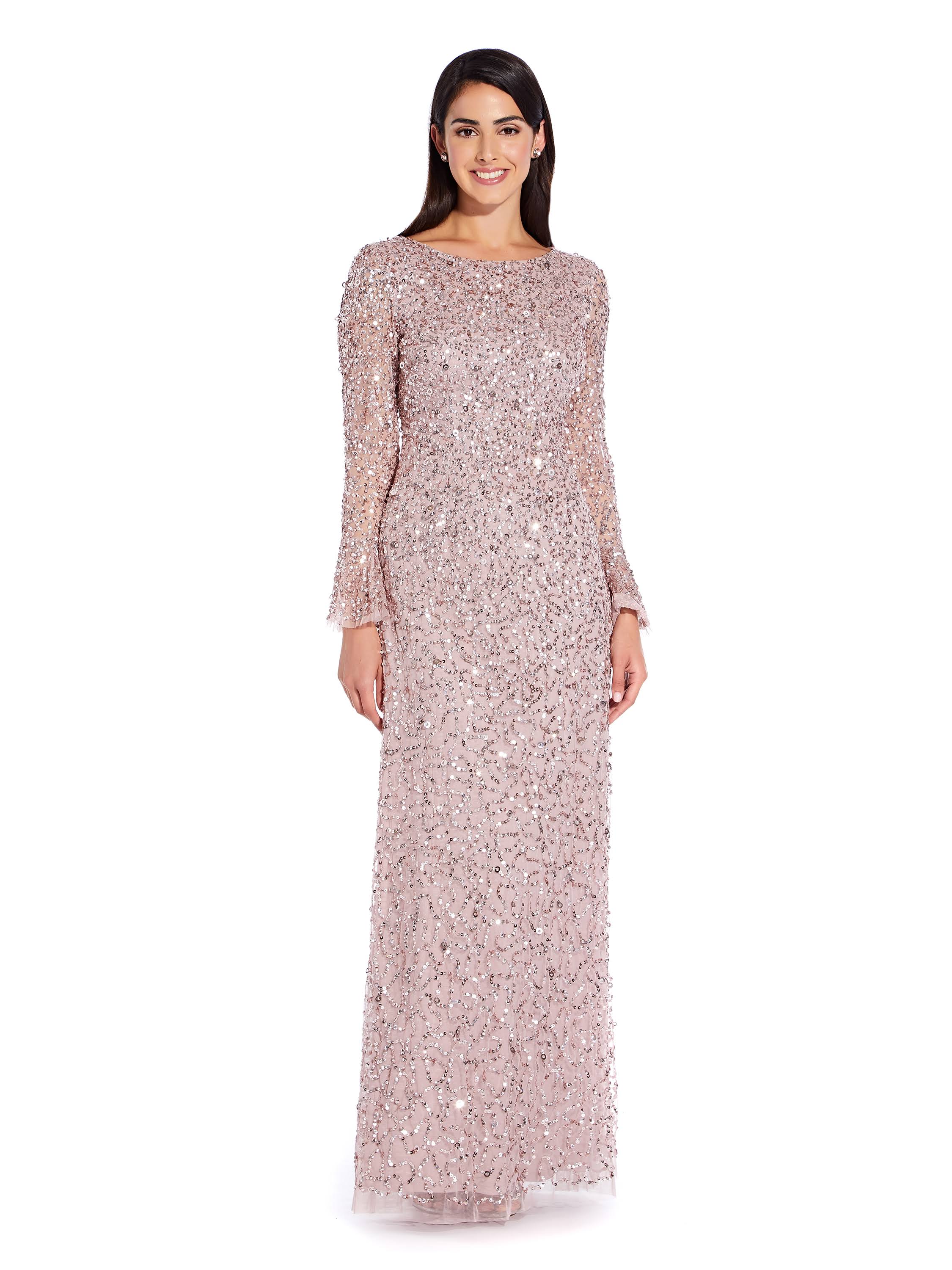 Adrianna Papell Beaded Evening Gown with Bell Sleeves - Pink