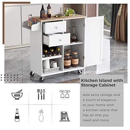 Kitchen Island Cart on Wheels with Storage, Rolling Cart Cabinet with 2 Drawers 2 Open Shelves 1 Adjustable Tray, Rubberwood Top Small Microwave Removable Trolley with Spice Rack and Towel Rack