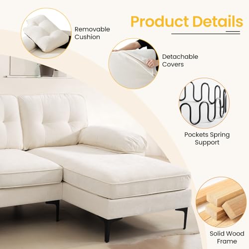 COHOME 83in L-shaped Couch, Chenille Upholsted Sofa with Reversible Chaise,3-Seat Couch for Living Room, Convertible Sectional Couch with Removable Covers,Grey