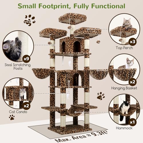 Globlazer Big Cat Tower for Indoor Cats, 80inch Cat Tower for Multiple Adult Cats XXL Cat Tree with Scratching Post, Hammock, 3 Perches, 2 Condos, 2 Hanging Basket, F80, Light Grey