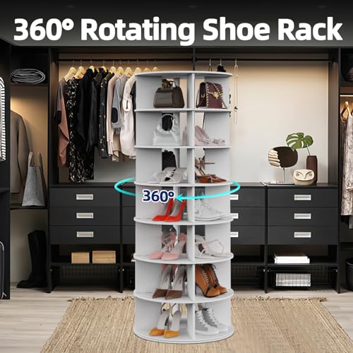 Rotating Shoe Rack 7-Tier Wood Shoe Organizer for Closet Holds 32 Pairs of Shoes 360° Spinning Shoe Rack Tower Space-Saving Shoe Storage Shelf
