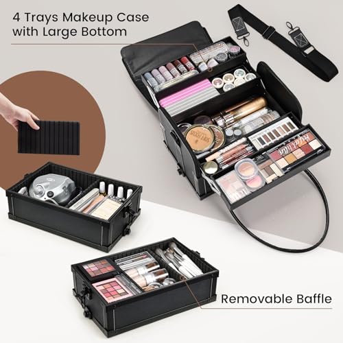 Costravio Rolling Makeup Case 5 IN 1 Cosmetology Case on Wheels Makeup Organizer Travel Case with Shoulder Strap for Makeup Artists Nail Tech School Salon Barber Makeup Trolley Cart Black Leather