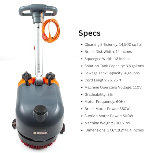 RT15 Walk Behind Floor Scrubber Machine for Industrial Commercial Use, 14" Scrubbing Width, 18" Suction Width, Clean up to 14500 sqft/h