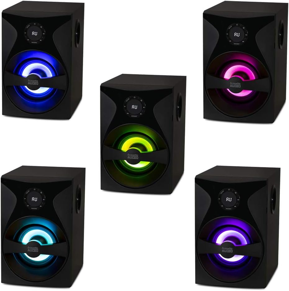 Acoustic Audio by Goldwood Bluetooth 5.1 Surround Sound System with LED Light Display, FM Tuner, USB and SD Card Inputs - 6-Piece Home Theater Speaker Set, Includes Remote Control - AA5400 Black