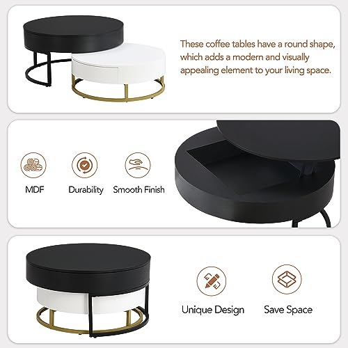Modern Round Lift-top Nesting Coffee Tables with 2 Drawers for Living Room White & Natural