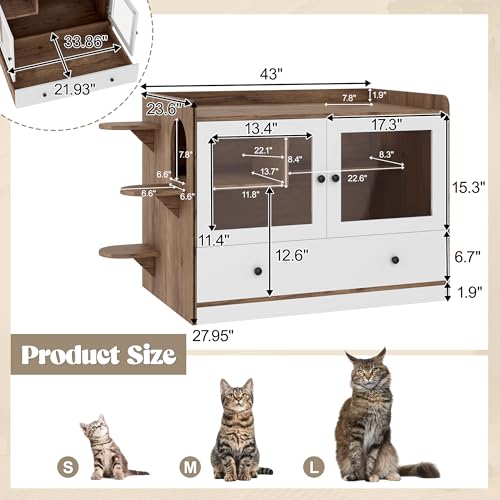47.25 Inch Multi-Functional Hidden Cat Litter Box Enclosure with Smart Door & LED Light, Modern Cat House with Scratching Post & Stairs, Can be Used as Side Table/TV Stand - White