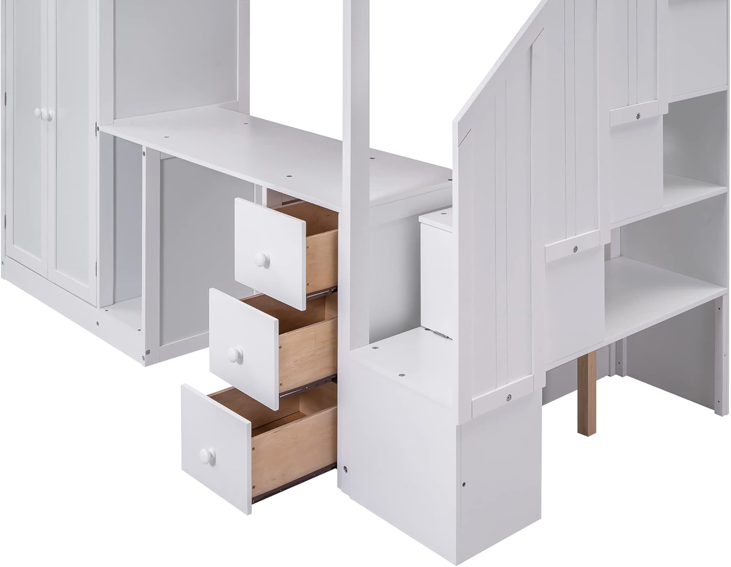 Twin Loft Bed with Stairs and Wardrobe, Wooden Twin Size Loft Bed with Desk Underneath, Loft Bed with Storage Staircase and Shelves for Girls Boys Teens,White