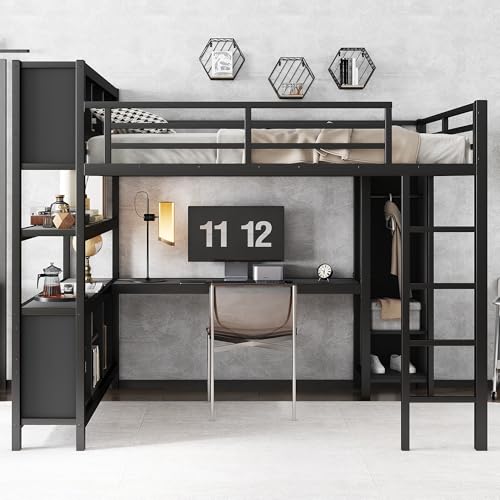 Linique Metal Loft Bed with Wardrobe & L-Shaped Desk - Sturdy Space-Saving Loft Bed Includes Storage Cubes, Shelves for Kids, Teens, Adults (White, Queen)