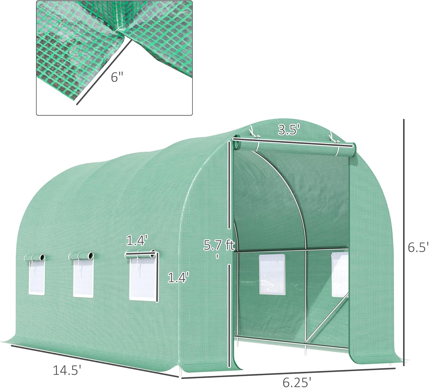Outsunny 15' x 6' x 7' Outdoor Walk-in Tunnel Greenhouse with Roll-up Windows, Zippered Windows, & Weather Cover