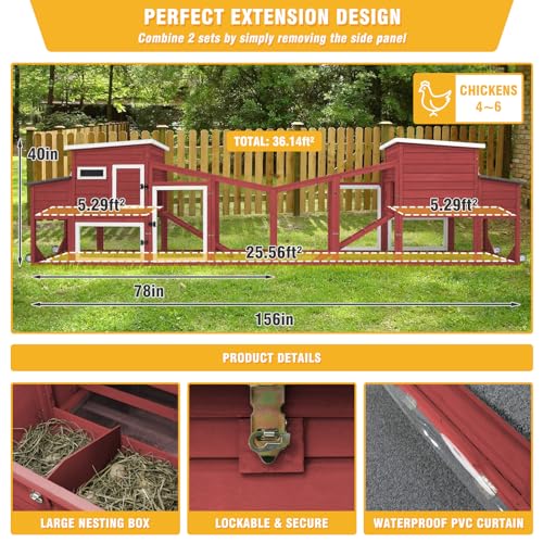 156" L Chicken Coop with Wheels Large Chicken House with Run Backyard Wooden Hen House Outdoor for 4-6 Chickens Poultry Cage with Nesting Boxes, Pull Out Trays, 4 Perches, Set of Two, Grey