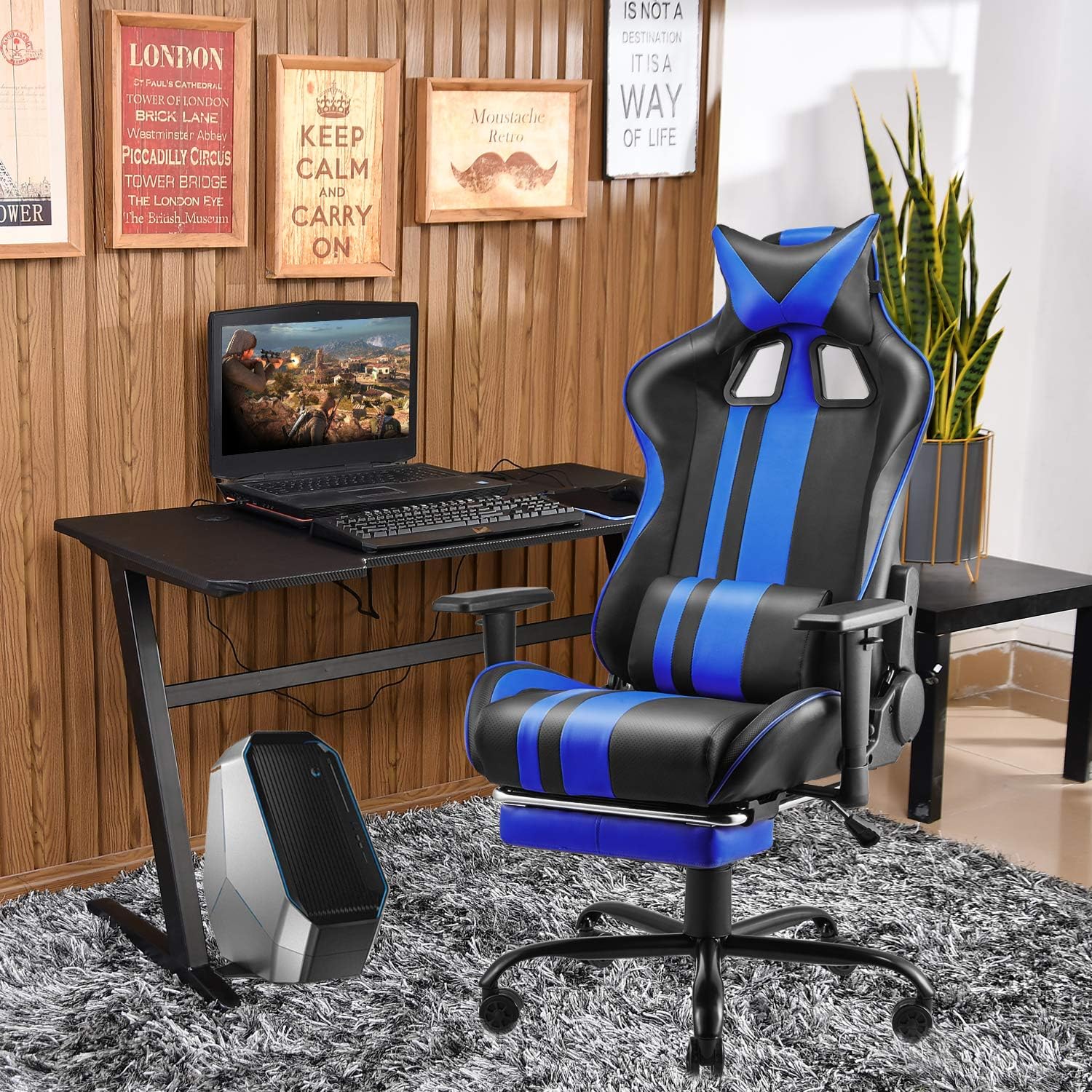 Soontrans Gamer Chair Gaming Chair Lumbar Support Office Chair with Footrest Recling Racing Chair Ergonomic Desk Chair with Headrest Armrest Support for Adults Men Women Teens(Royal Blue)