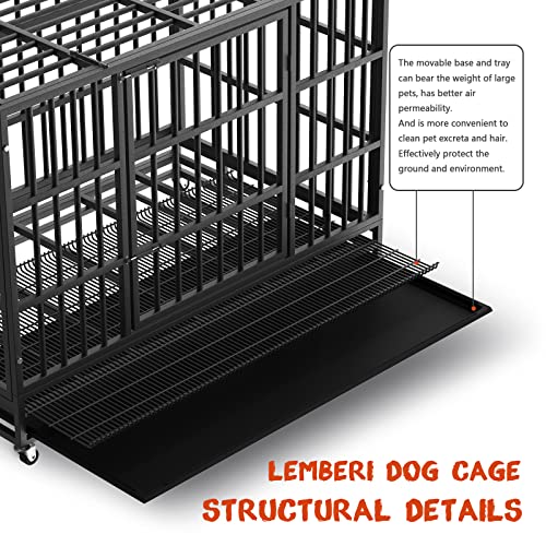 LEMBERI 48/38 inch Heavy Duty Indestructible Dog Crate, Escape Proof Dogs Cage Kennel with Lockable Wheels,High Anxiety Double Door Kennel,Extra Large Crate Indoor for Large Dog with Removable Tray