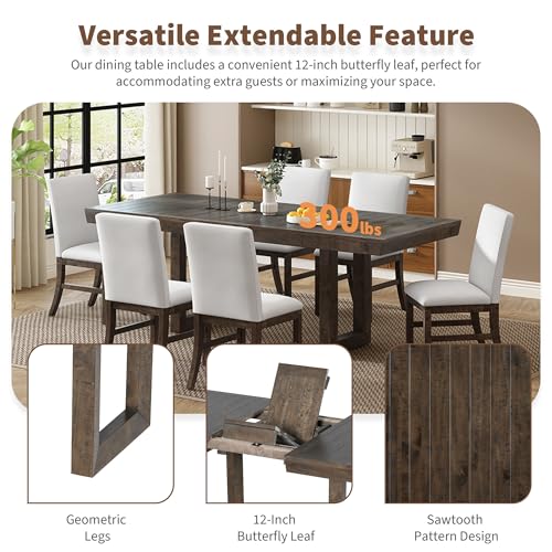 7-Piece Dining Table Set, Farmhouse Rectangular Dining Table with 4 Trestle Base, 6 Upholstered Chairs with Slightly Curve Seat Back for Dining Room and Kitchen, Gray