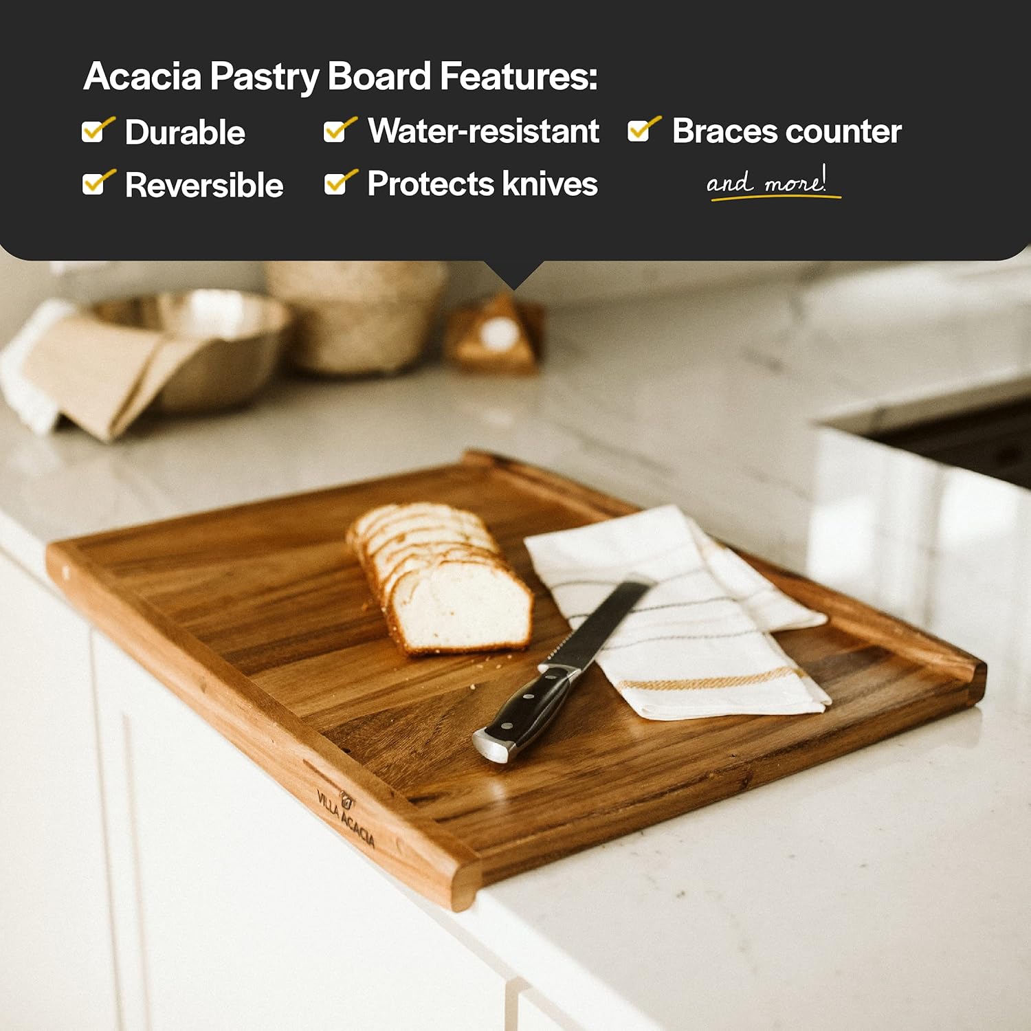 Villa Acacia Wood Pastry Board - Reversible Wooden Boards for Rolling, Cutting & Kneading Pack of 2