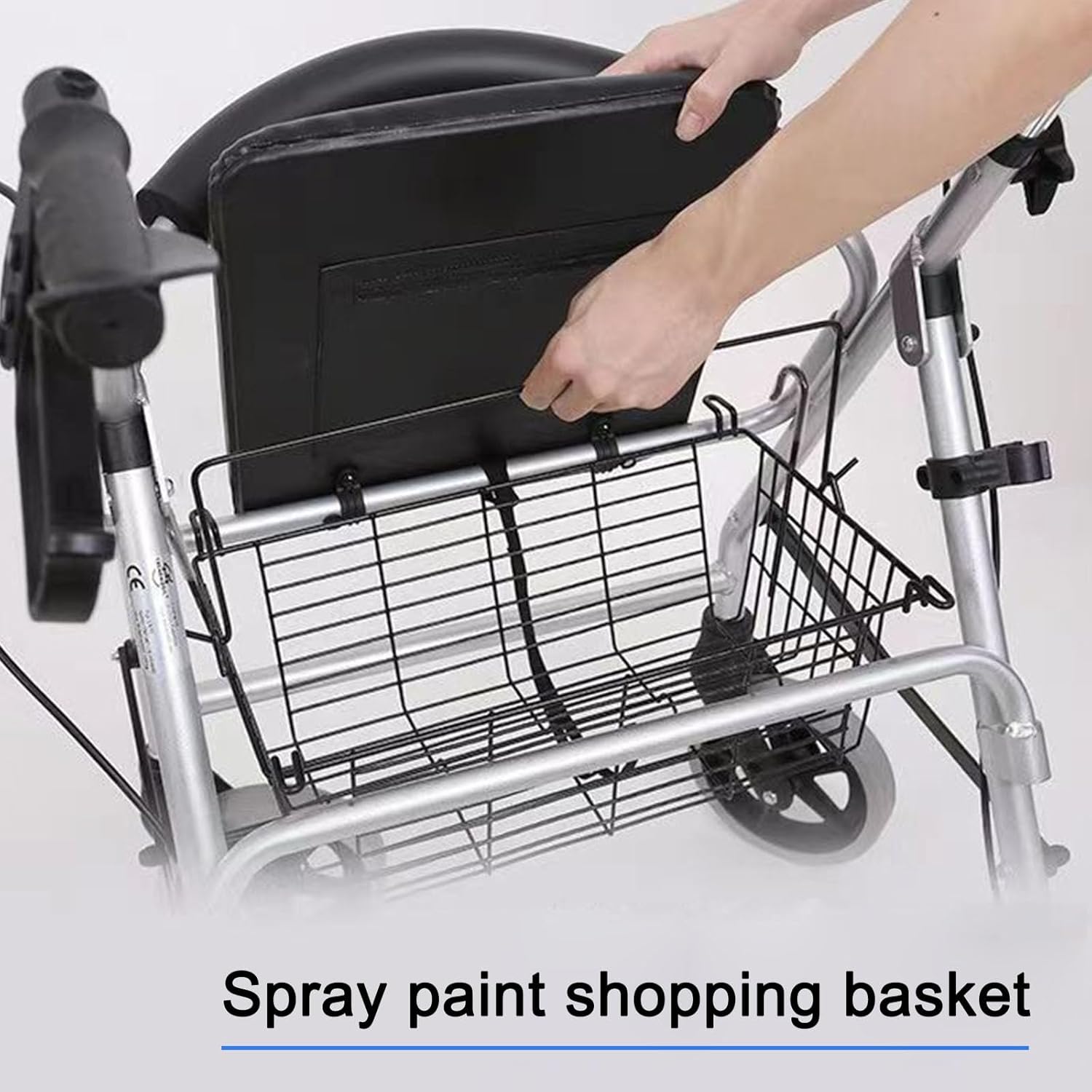 Portable Walkers for Seniors Aluminum Rollator Walker with Seat Four-Wheel Folding Walker Shopping Trolley Elderly Walker Handcart Walker with Large Capacity Storage Basket Black