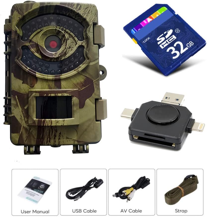 Hunting Trail Camera, Game Camera 82ft Wildlife Camera with 42 IR LEDs No Glow Infrared, 4K Deer Game with Night Vision Motion Activated Waterproof, Trail Cam with 32GB Card and Card Reader