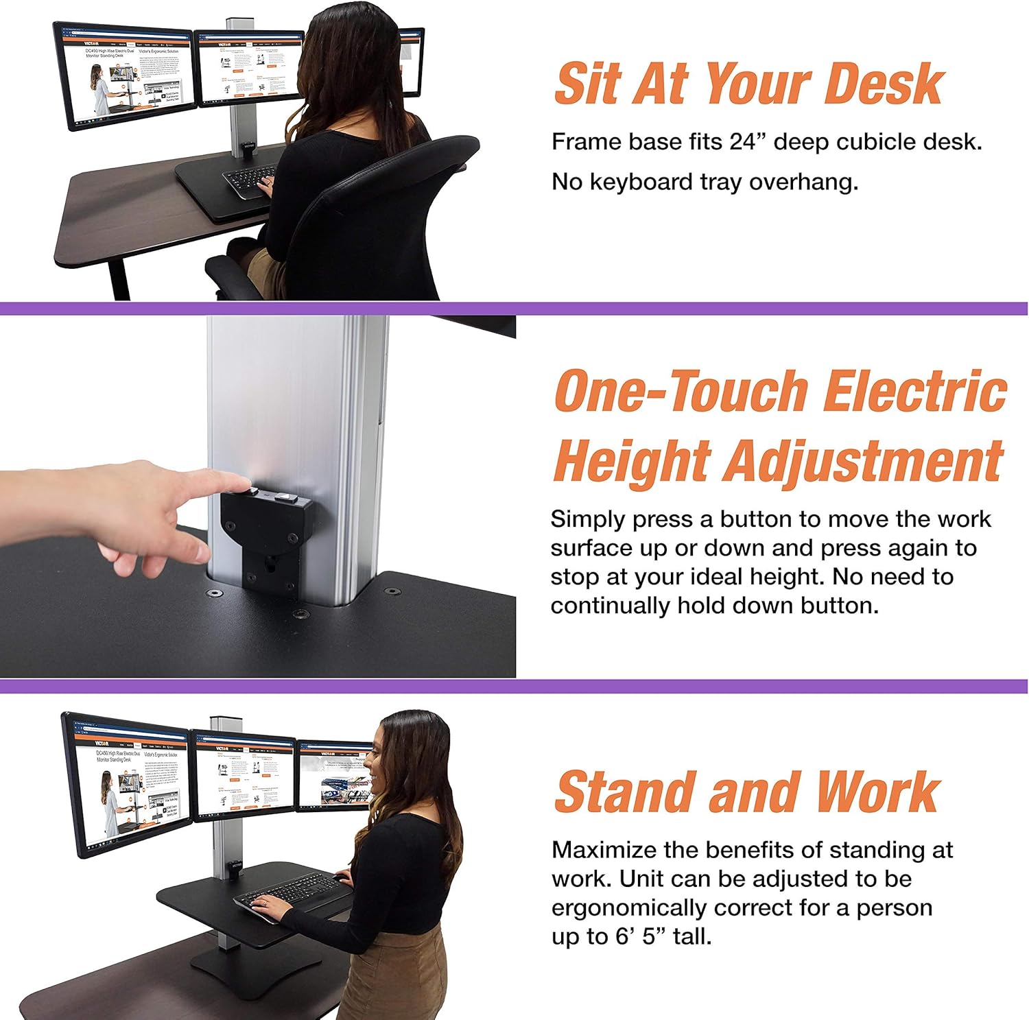 Victor DC475 High Rise Electric Triple Monitor Standing Desk Converter | Three Large Monitor Sit-Stand Desk | 28” Wide Work Surface | Compatible with Any Standard Desk | Adjustable Monitor Holder