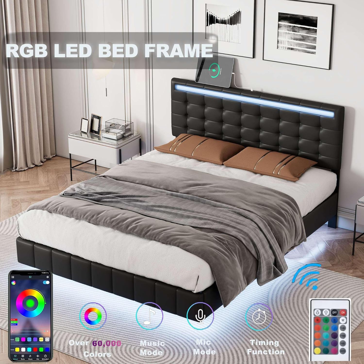 Modern Full Size Floating Bed Frame with LED Lights, USB Charging, and Upholstered Platform - Sleek Black Design for Contemporary Bedrooms (Full)